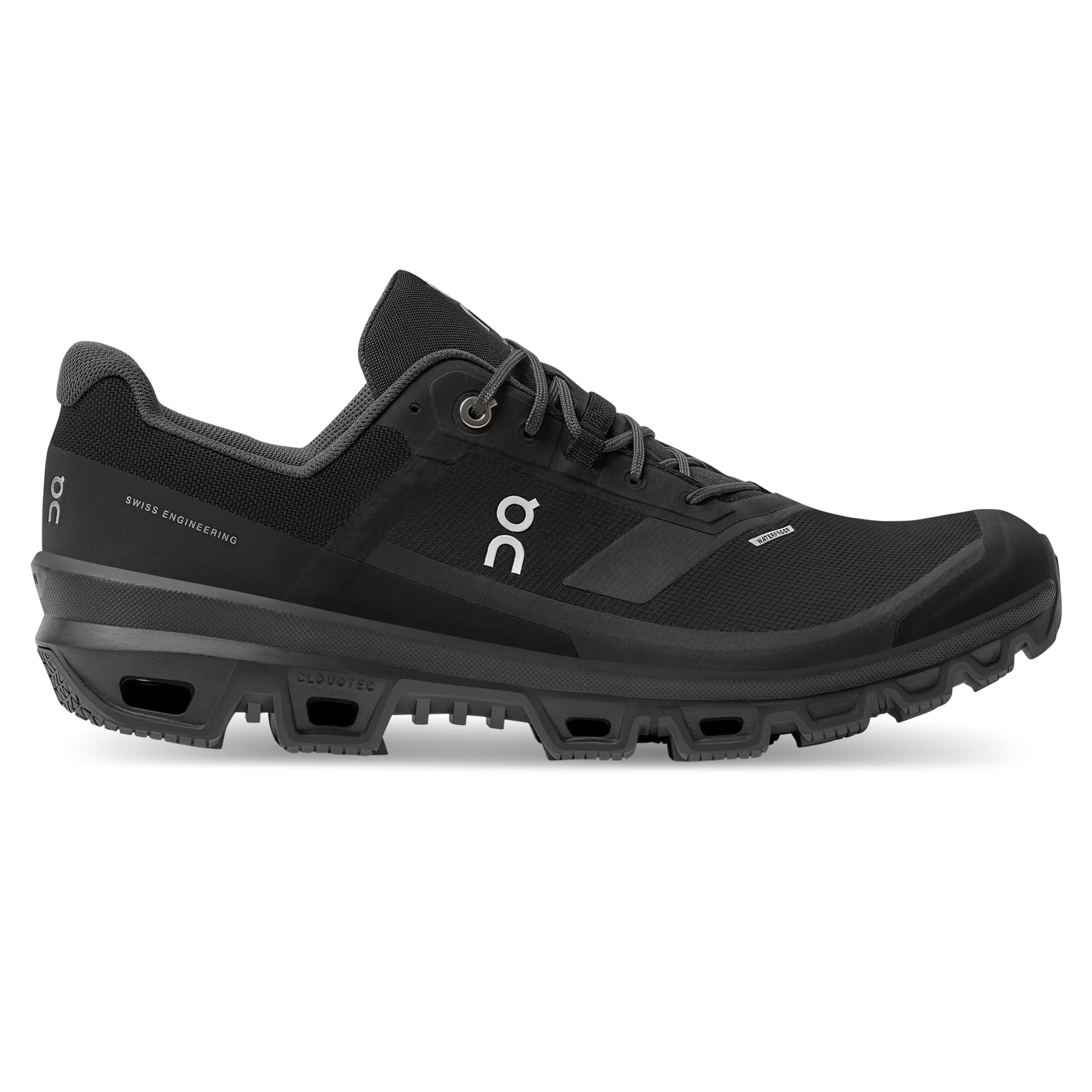 On Cloudventure Waterproof Trail Shoes – Black On Cloudventure Waterproof men's black trail running shoes side view