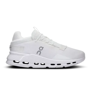 On Cloudnova 2 All White trainer side profile with white CloudTec sole