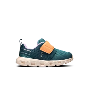 On Cloud Dash teal and orange toddler sneaker side view