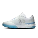 On THE ROGER Advantage Pro white and sky blue tennis shoe side view
