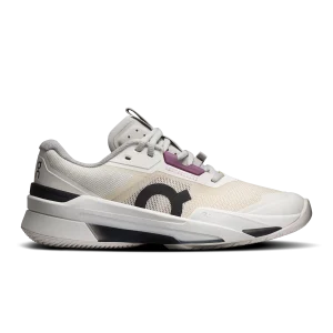 On THE ROGER Pro Fire off-white and purple tennis shoe side view