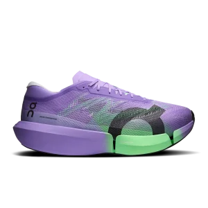 On Cloudboom Strike 2 purple green racing shoe side profile with carbon Speedboard sole