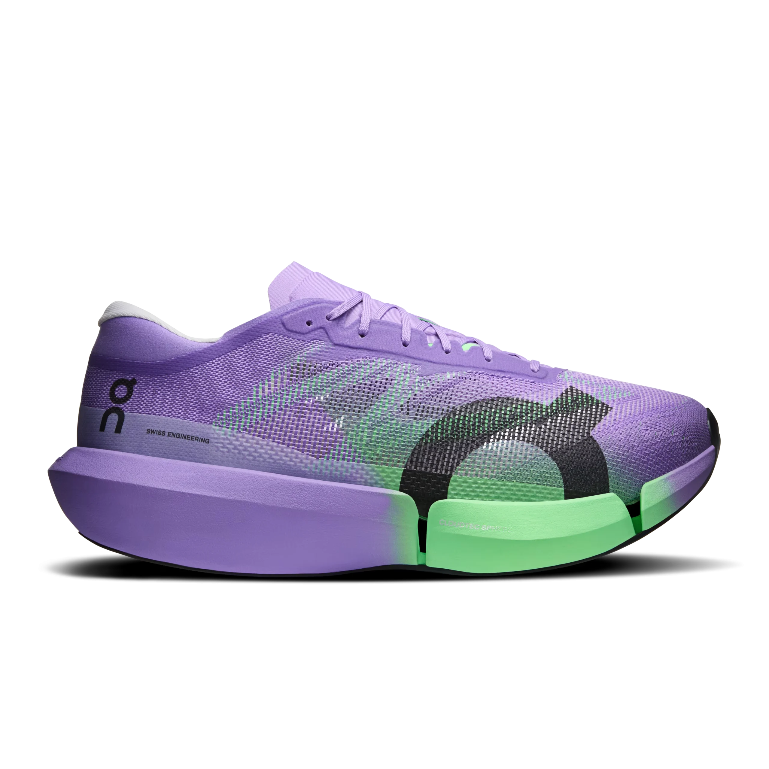 Cloudboom Strike 2 - On Running Carbon Marathon Racer On Cloudboom Strike 2 purple green racing shoe side profile with carbon Speedboard sole