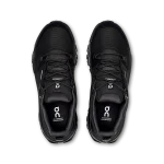 On Cloudrock Low Waterproof Black women's hiking shoe side profile with lugged CloudTec sole