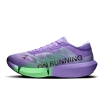 On Cloudboom Strike 2 purple green racing shoe side profile with carbon Speedboard sole