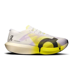 On Cloudboom Strike 2 White Lime racing shoe side profile with carbon Speedboard sole