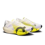 On Cloudboom Strike 2 White Lime racing shoe side profile with carbon Speedboard sole