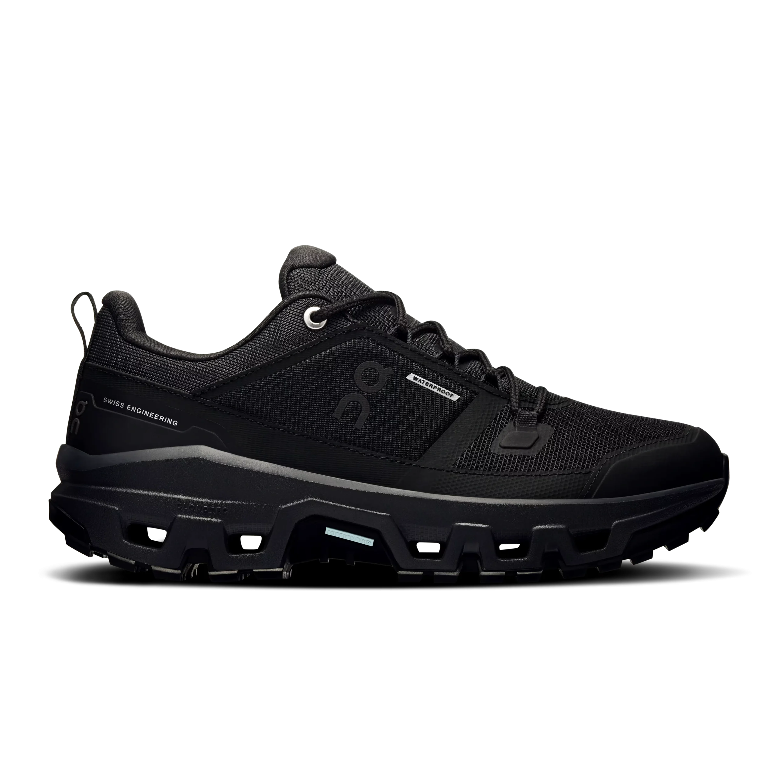 Cloudrock Low Waterproof Black - Women's On Running Hiking Shoes On Cloudrock Low Waterproof Black women's hiking shoe side profile with lugged CloudTec sole
