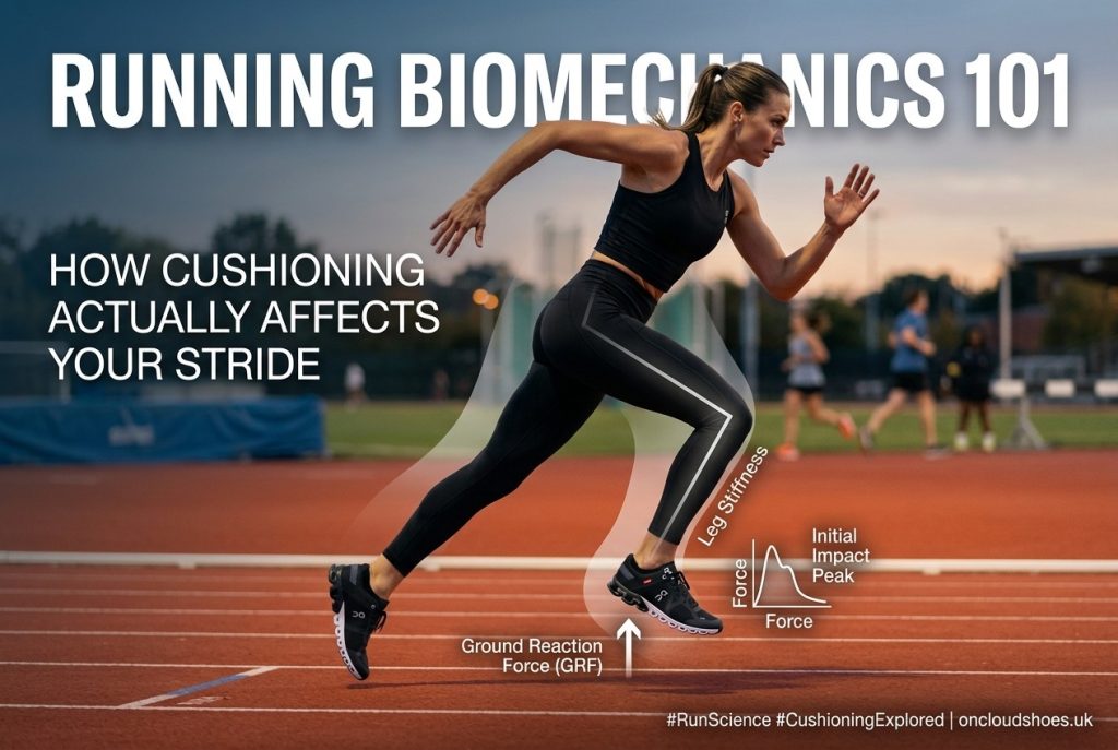 Female runner sprinting on a track with a biomechanics overlay showing ground reaction force, leg stiffness and initial impact peak.