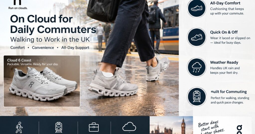 On Cloud shoes for daily commuters in the UK, highlighting all-day comfort, easy slip-on convenience, and weather-ready footwear for walking to work.