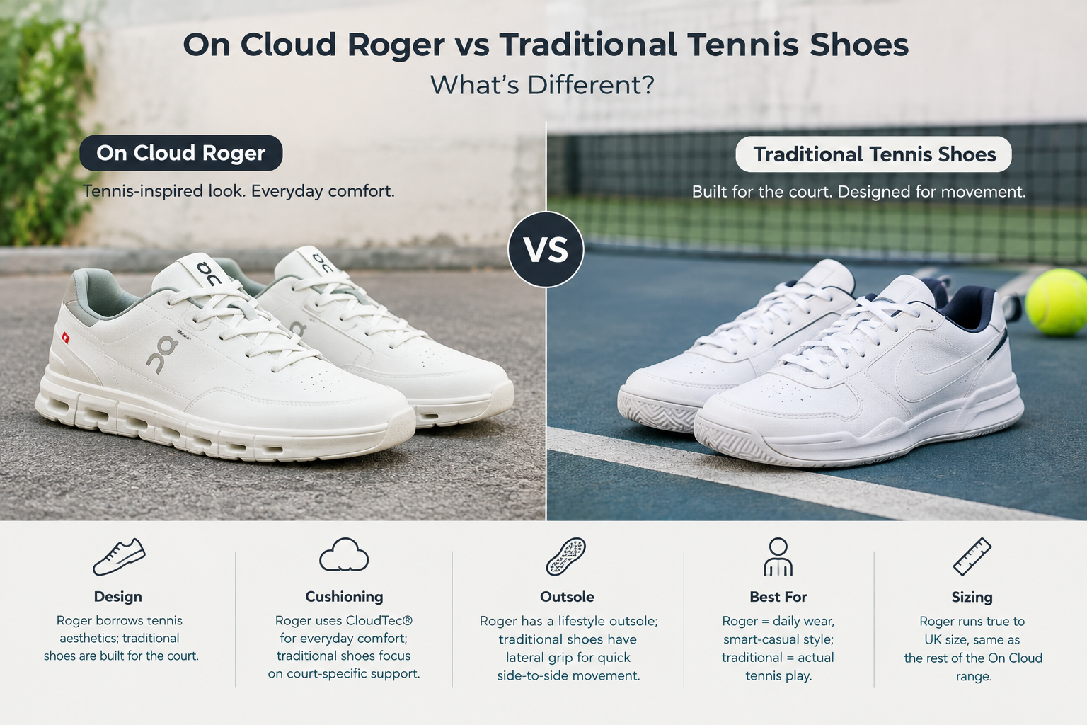 On Cloud Roger vs traditional tennis shoes showing the differences in design, cushioning, outsole, and intended use
