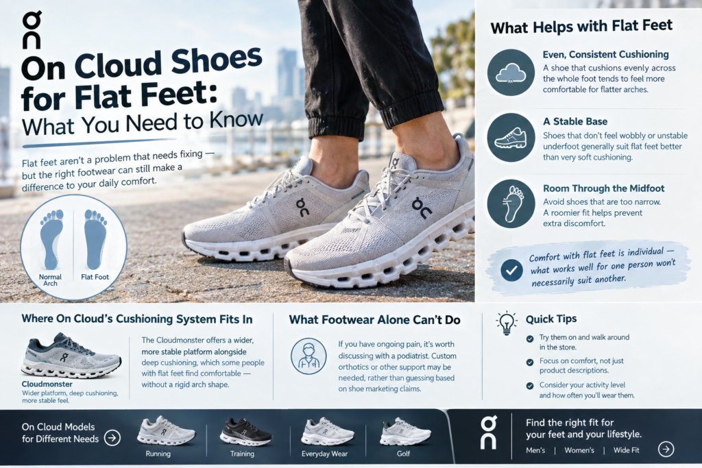 On Cloud shoes for flat feet showing even cushioning, a stable base, roomy midfoot fit, and Cloudmonster support