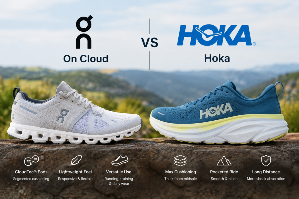 On Cloud and Hoka cushioned running shoes compared side by side, showing different cushioning designs and ride styles