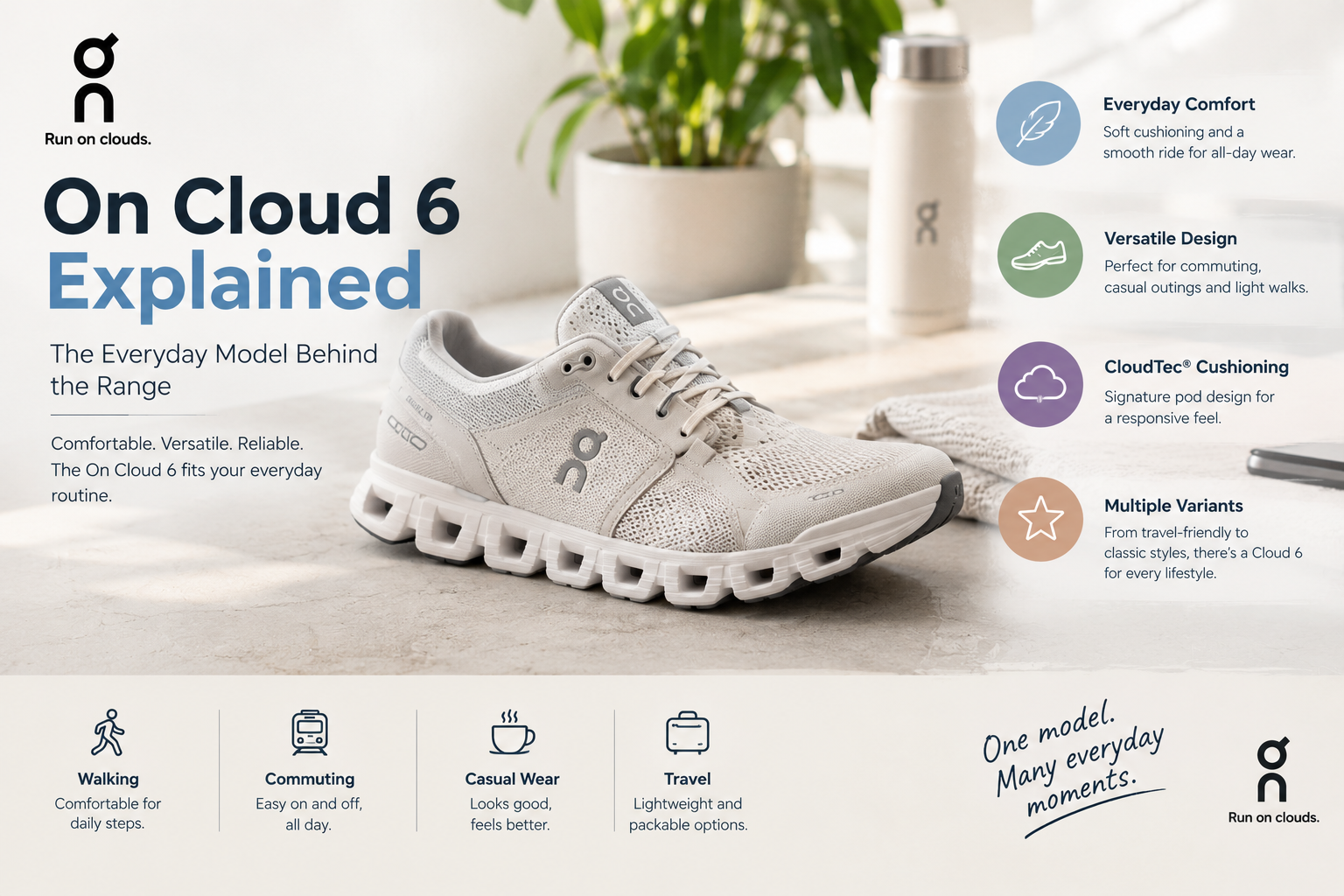 On Cloud 6 everyday sneaker in a neutral colourway, showcasing its design, CloudTec cushioning, and versatility for walking, commuting, casual wear, and travel.